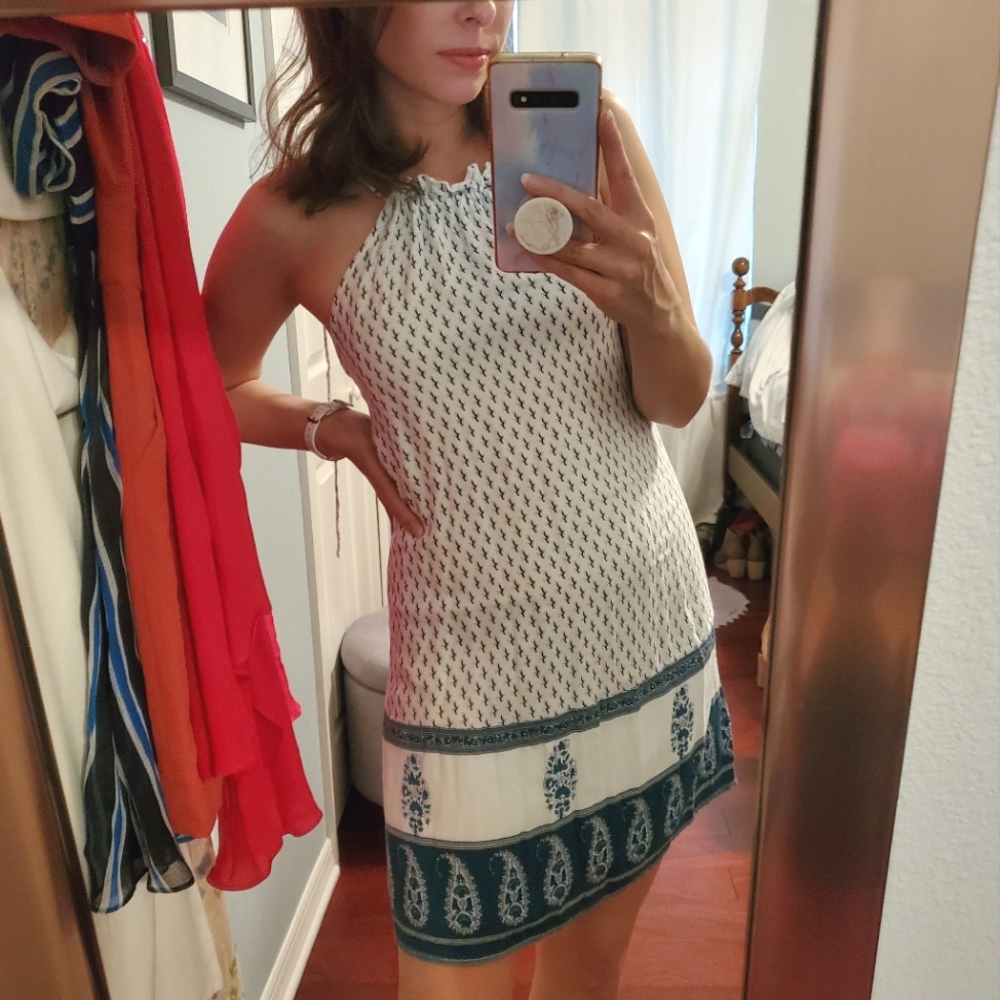 Sleeveless Halter Mini Dress in White and Teal